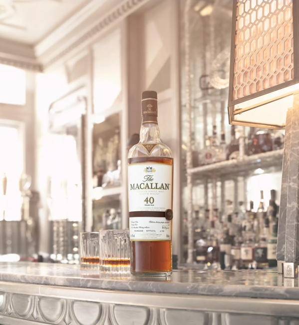 the macallan sherry oak 40 years old 2016 release whisky bottle in bar setting