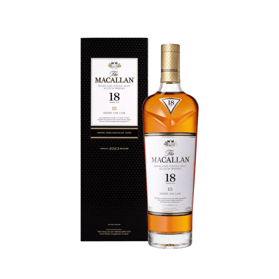 the macallan 18 sherry oak whisky bottle and box