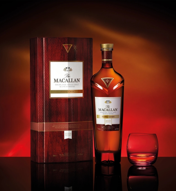 The Macallan Rare Cask 2025 bottle pack and glass