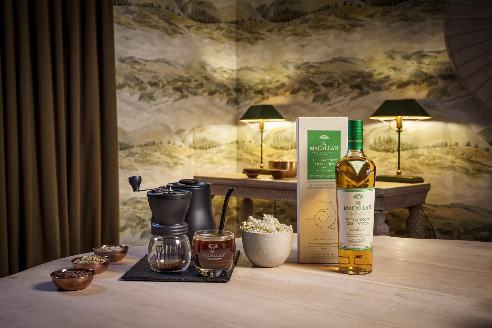 The Macallan Harmony II lifestyle shot with bottle pack and tasting notes 