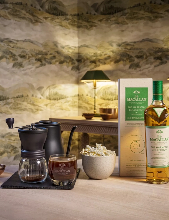 The Macallan Harmony II lifestyle shot with bottle pack and tasting notes 