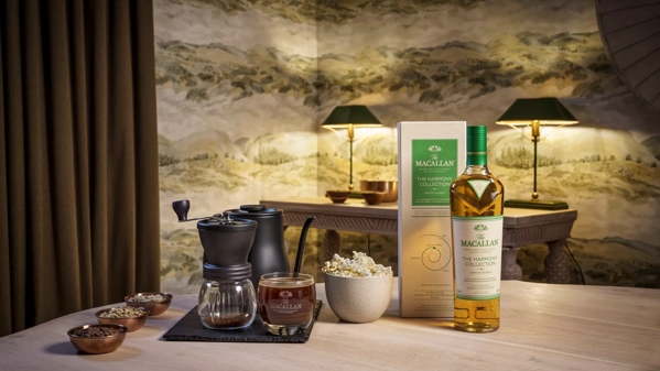 The Macallan Harmony II lifestyle shot with bottle pack and tasting notes 