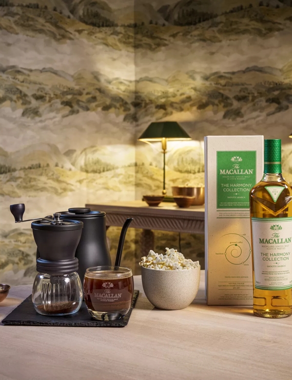 The Macallan Harmony II lifestyle shot with bottle pack and tasting notes 