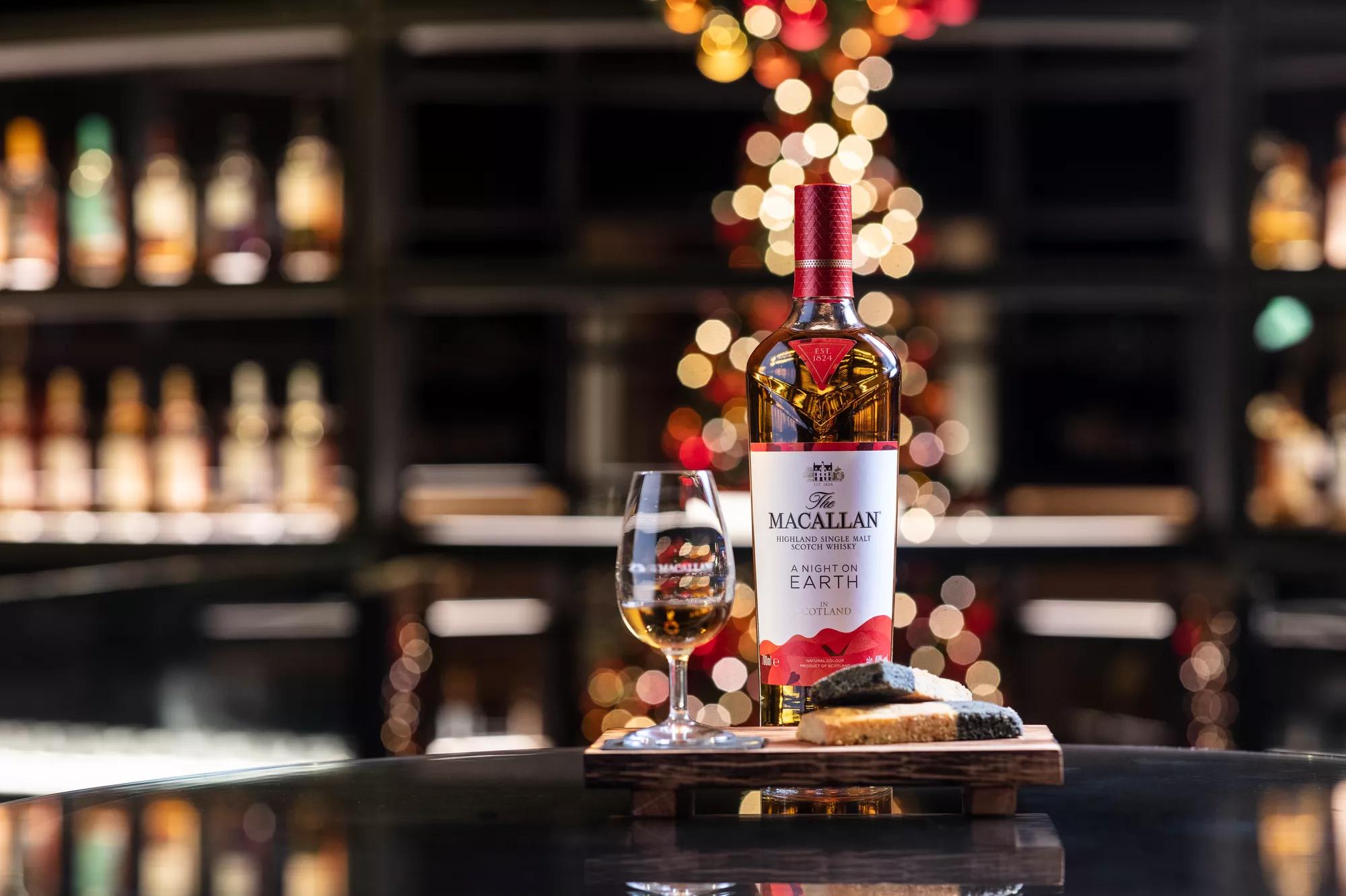 the macallan whisky bottle and glass paired with biscuits