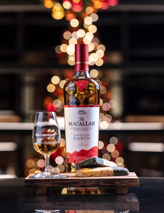 the macallan whisky bottle and glass paired with biscuits