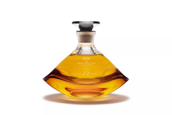 The Macallan, 2018, The Macallan in Lalique, 72 Years Old in Lalique, Genesis Decanter, bottle shot, from the front with shadow thrown forward, without crystal stopper secured on top, in landscape format, on white background, jpg and png derivative with transparent background