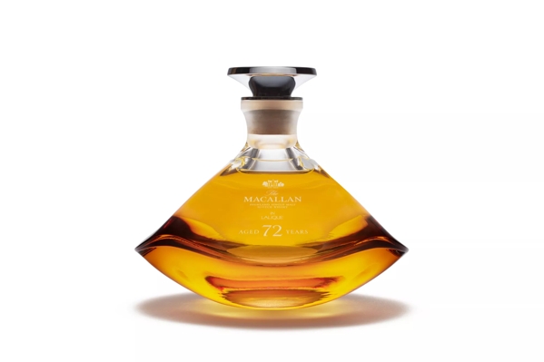 The Macallan, 2018, The Macallan in Lalique, 72 Years Old in Lalique, Genesis Decanter, bottle shot, from the front with shadow thrown forward, without crystal stopper secured on top, in landscape format, on white background, jpg and png derivative with transparent background