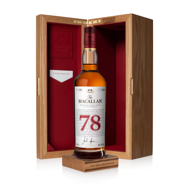 The Macallan Red Collection 78 year old whisky bottle on plinth with open box