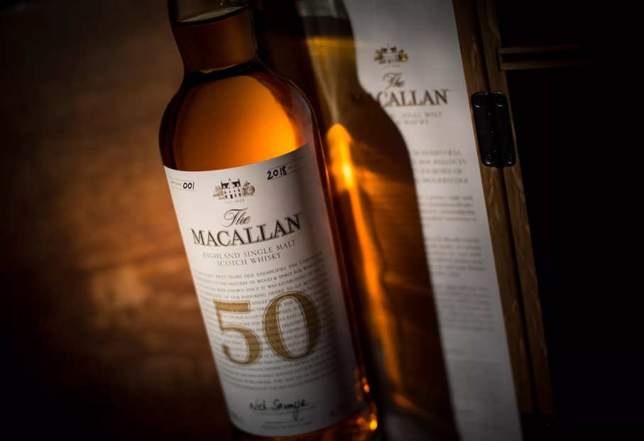 the macallan 50 years old 2018 release whisky bottle angled up close