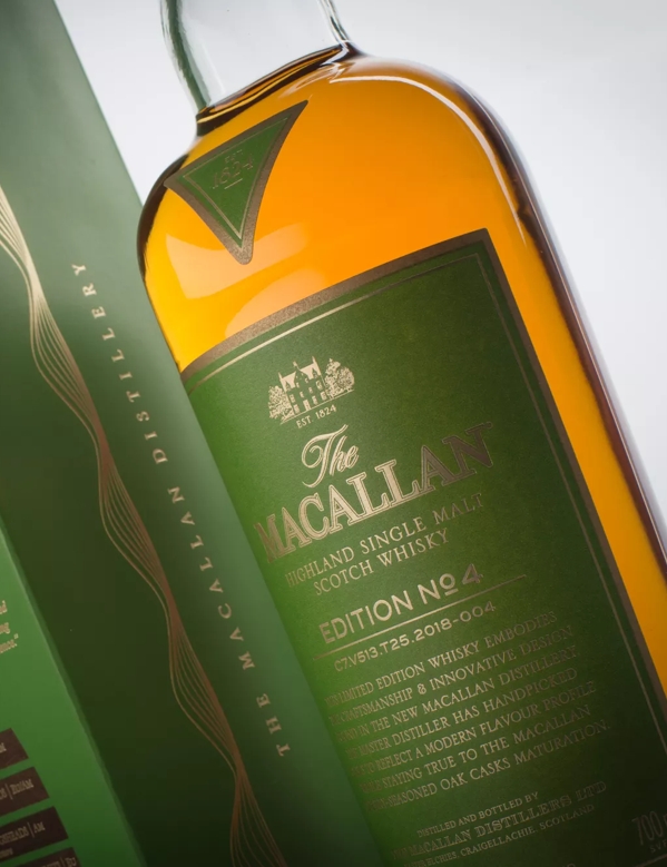 The Macallan Edition No. 4 Mood shot bottle and pack