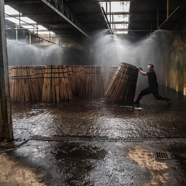 Man rolling barrels in cooperage in Jerez
