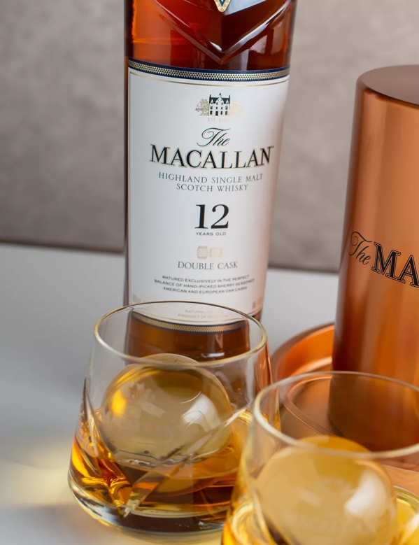 The Macallan Ice Ball Maker Bottle and Glasses close up 