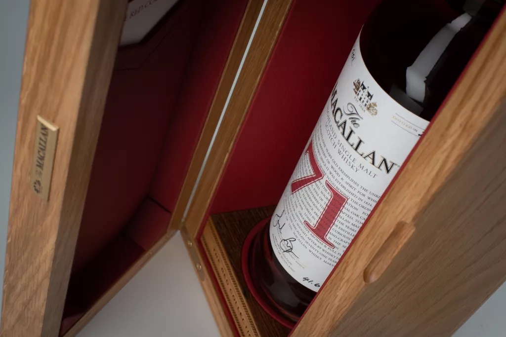 The Macallan Red Collection 71 year old whisky bottle close up shot