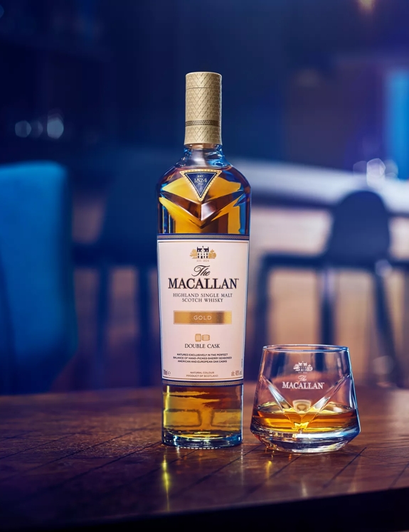 the macallan double cask gold bottle and glass neat