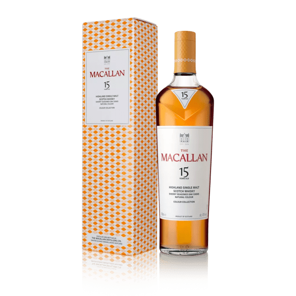 the macallan colour collection 15 years old whisky bottle and box side on