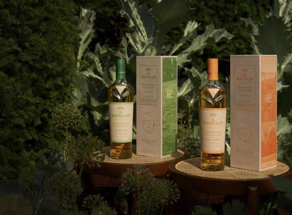 The Macallan Harmony Collection Amber Meadow and Green Meadow with Greenery in Background