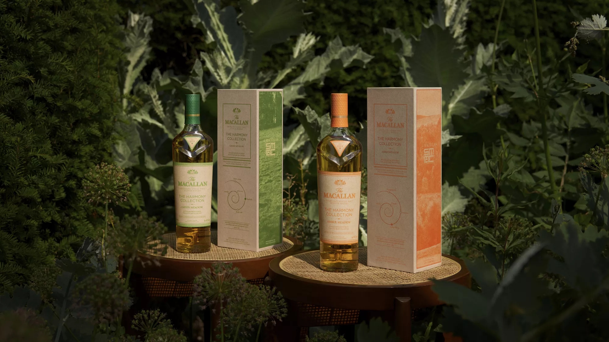 The Macallan Harmony Collection Amber Meadow and Green Meadow with Greenery in Background
