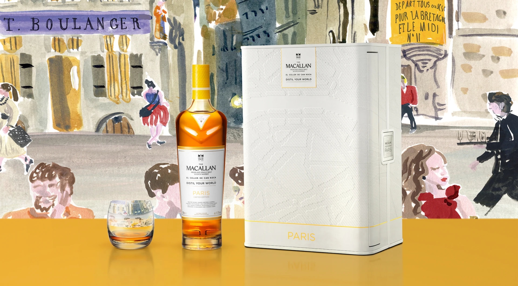 The Macallan Distil Your World Paris bottle, whisky glass and landmark-embossed presentation case against Cassandre Montoriol’s Paris street artwork