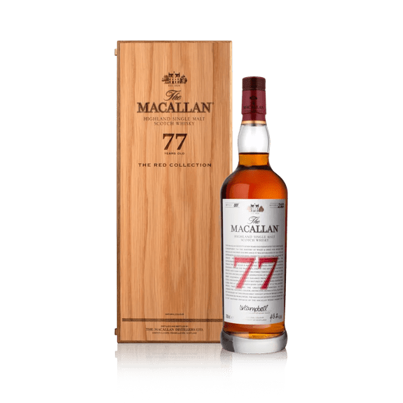 the macallan red collection 77 whisky bottle and box