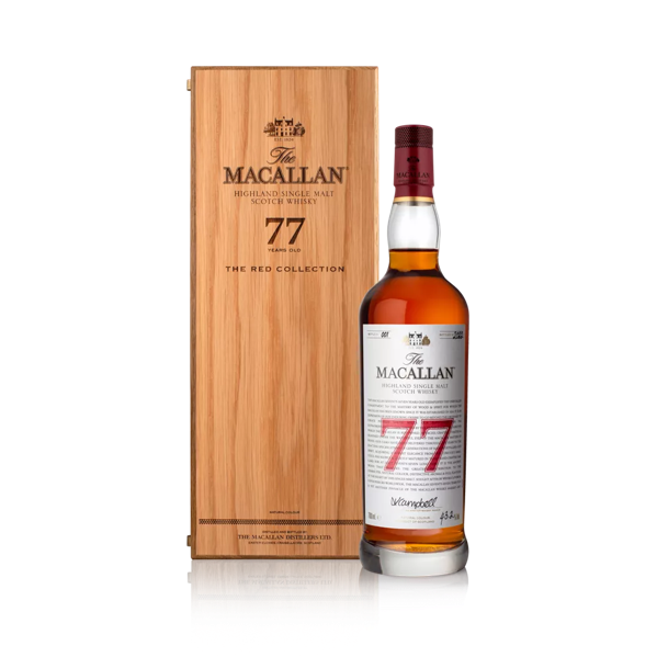 the macallan red collection 77 whisky bottle and box