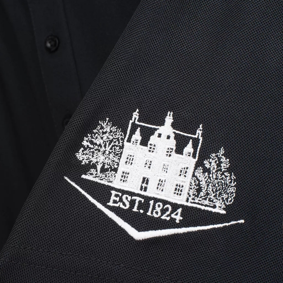 The Macallan Men's Polo Shirt Black Detailing of Easter Elchies House on the Sleeve