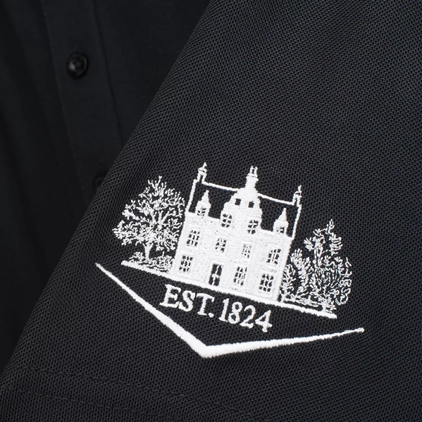 The Macallan Men's Polo Shirt Black Detailing of Easter Elchies House on the Sleeve