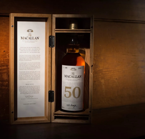the macallan 50 years old 2018 release whisky bottle inside open box
