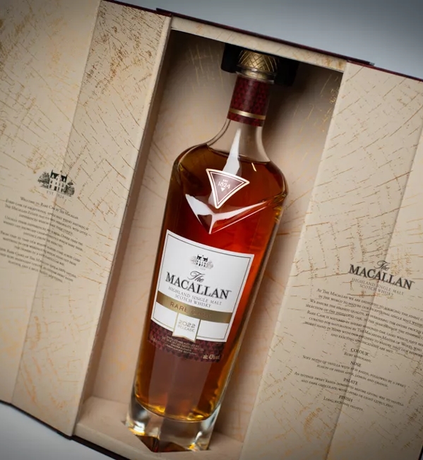 The Macallan 2022 rare cask whisky bottle inside open box
