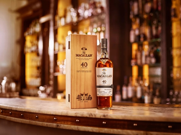 the macallan sherry oak 40 years old 2017 release whisky bottle and box in bar