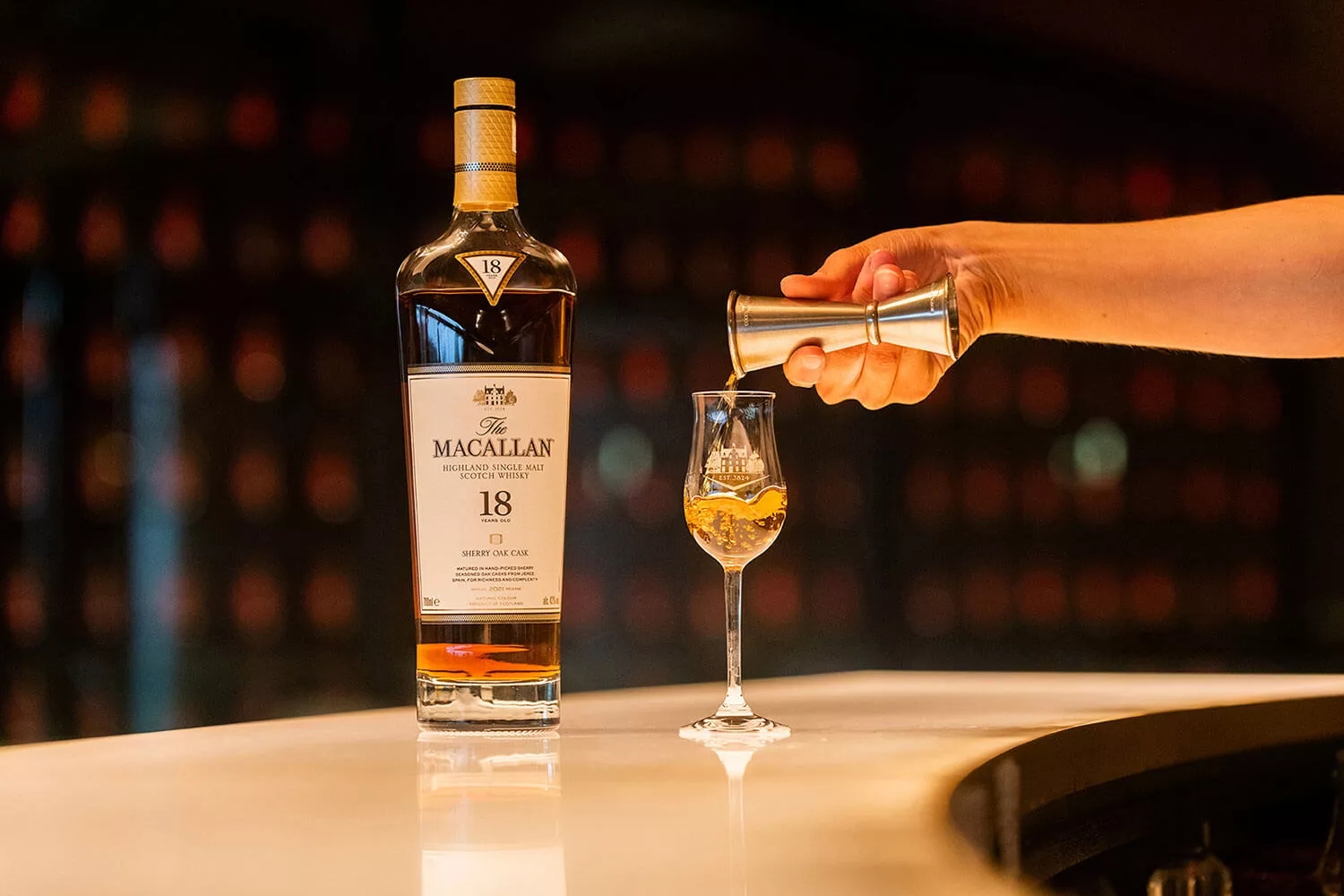 The Macallan Sherry Oak 18 Years Old Being Poured into Dram Glass