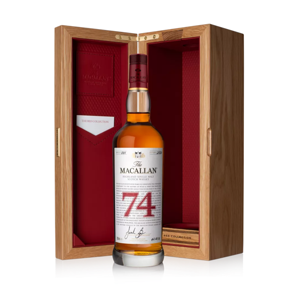 The Macallan Red Collection 74 year old whisky bottle and open box