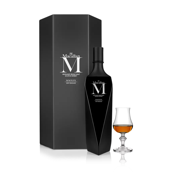 The Macallan M Black 2019 whisky bottle pack and glass