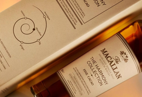 The Macallan Harmony Collection Fine Cacao Mood Shot Bottle and Pack on Side
