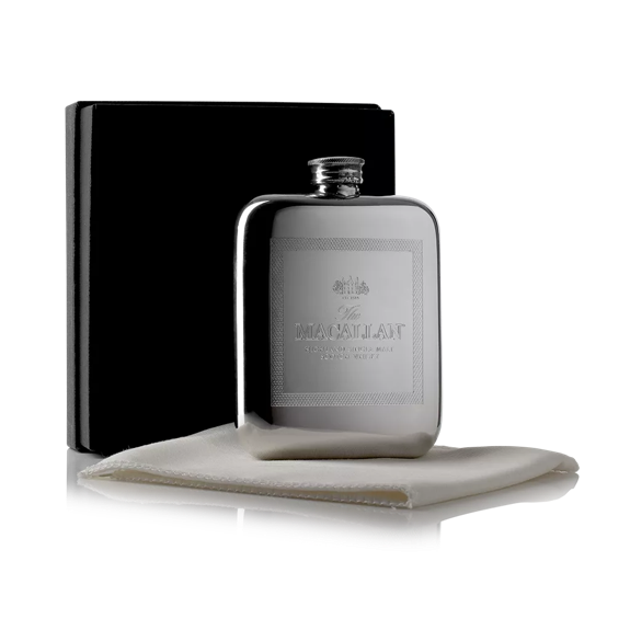 The Macallan Silver Hip Flask with Box and Cloth