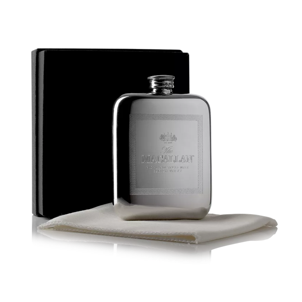 The Macallan Silver Hip Flask with Box and Cloth