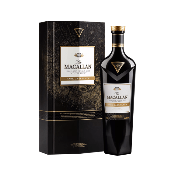 the macallan rare cask black whisky bottle and box