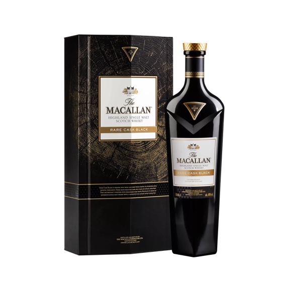 the macallan rare cask black whisky bottle and box