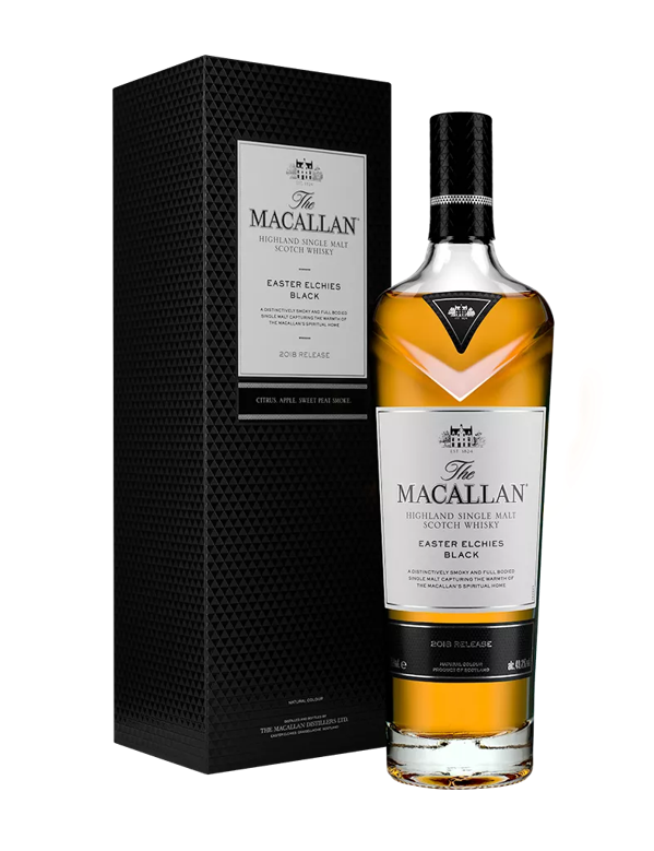 The Macallan Easter Elchies Black Bottle and pack angled 2018