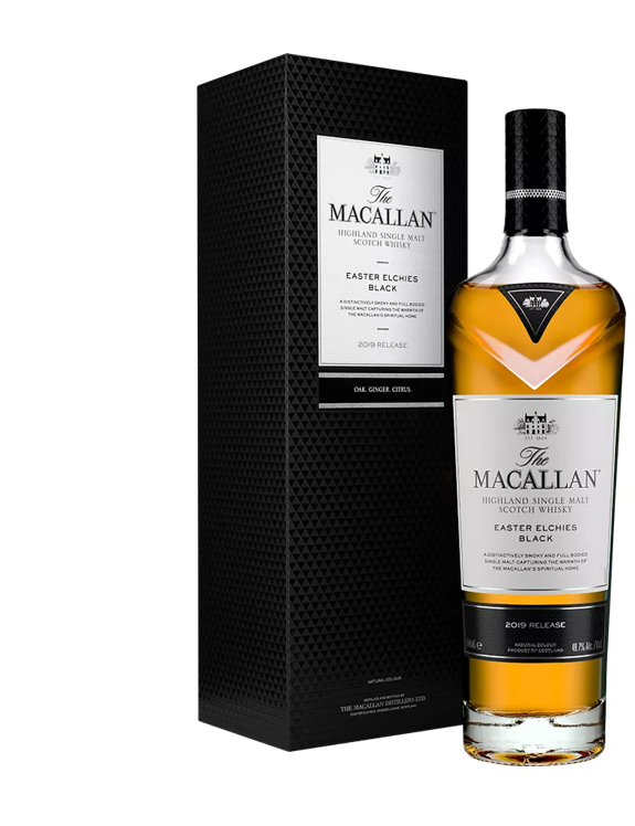 The Macallan Easter Elchies Black Bottle and pack angled 2019