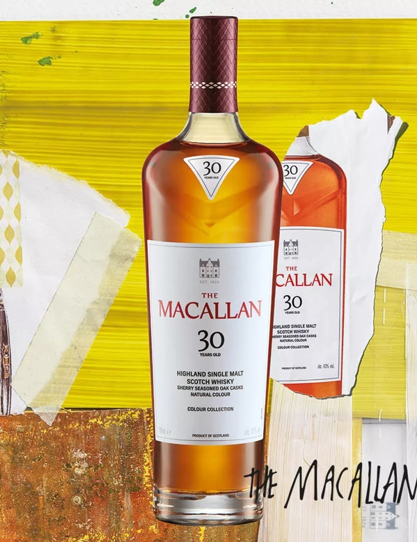 the macallan colour collection 30 year old whisky bottle abstract collage background