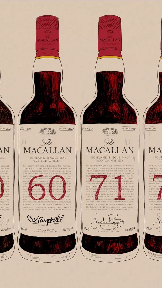 The Macallan Red Collection 40 year old whisky bottles illustration