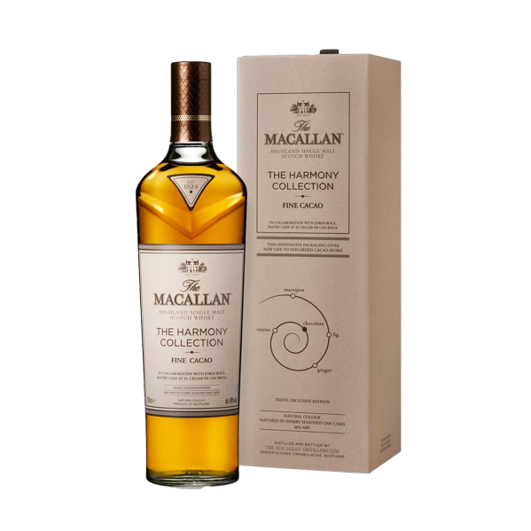 the macallan fine cacao whisky bottle and box