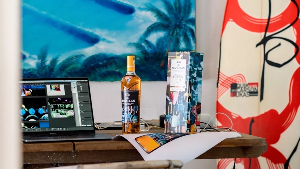 The Macallan Concept no.3 David Carson Lifestyle Table with Bottle and Surfboard