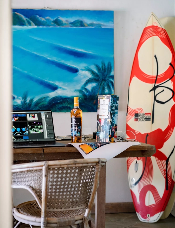 The Macallan Concept no.3 David Carson Lifestyle Table with Bottle and Surfboard