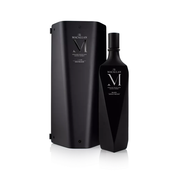 the macallan m black whisky bottle and box