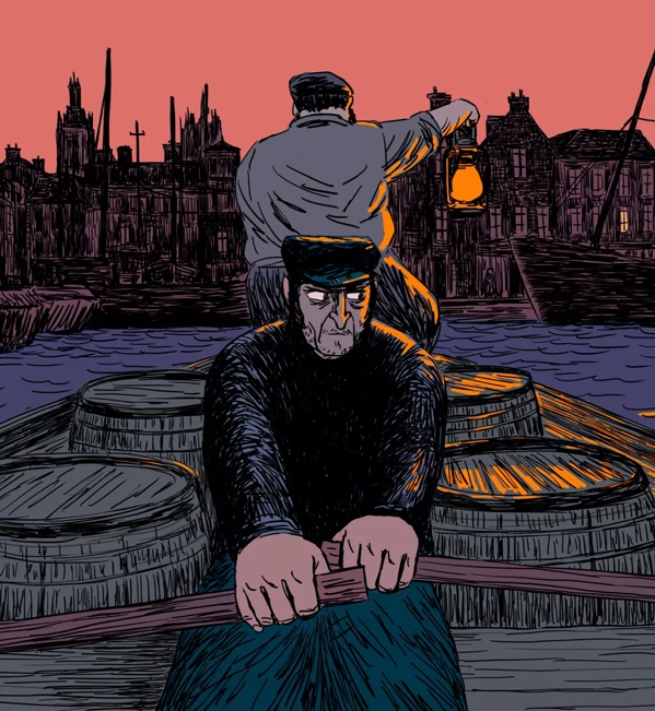 The Macallan Red Collection Illustrations of Man in Boat with Casks