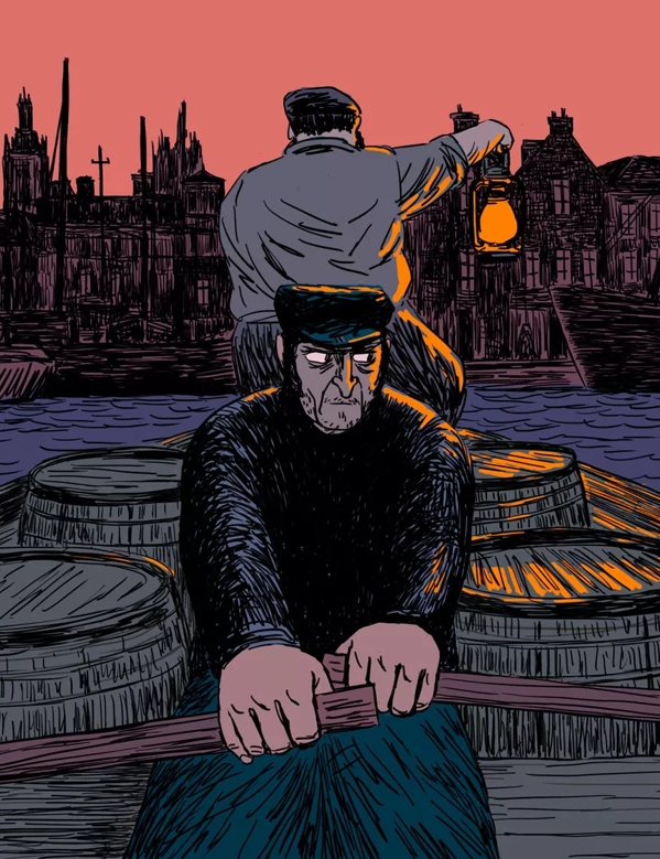 The Macallan Red Collection Illustrations of Man in Boat with Casks