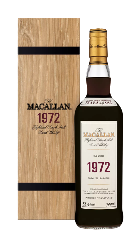 the macallan fine and rare 1972 whisky bottle and pack