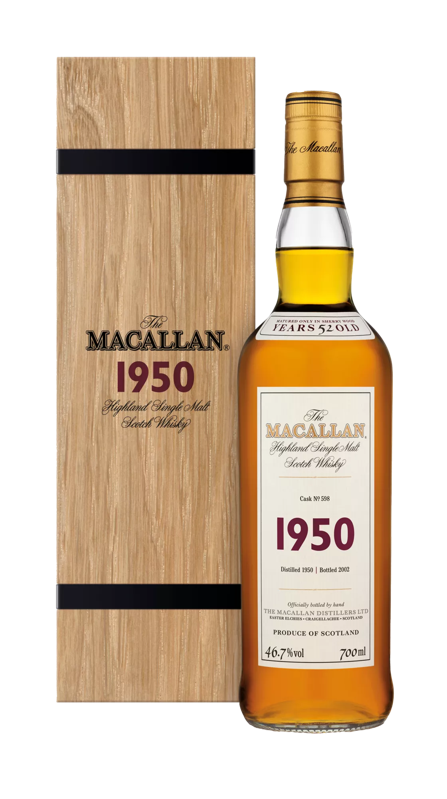 the macallan fine and rare 1950 whisky bottle and pack