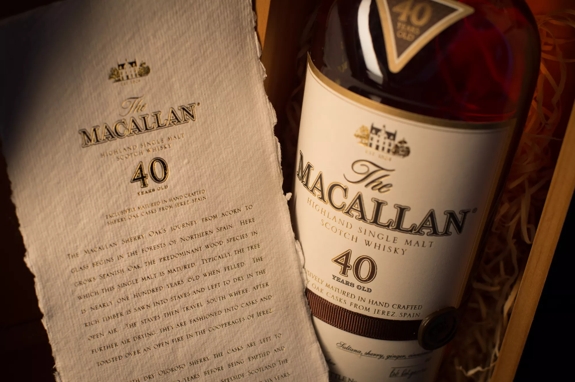 the macallan sherry oak 40 years old 2016 release whisky bottle and label close up